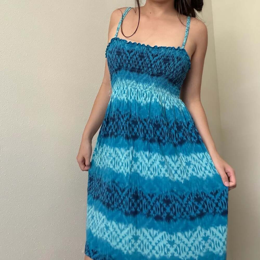 Mudd Blue Ikat Print Smocked Spaghetti Strap Dress Size L